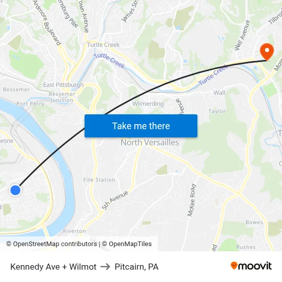 Kennedy Ave + Wilmot to Pitcairn, PA map