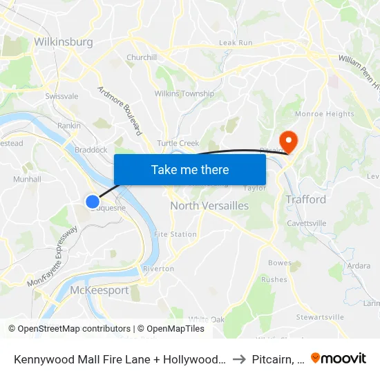 Kennywood Mall Fire Lane + Hollywood Video to Pitcairn, PA map