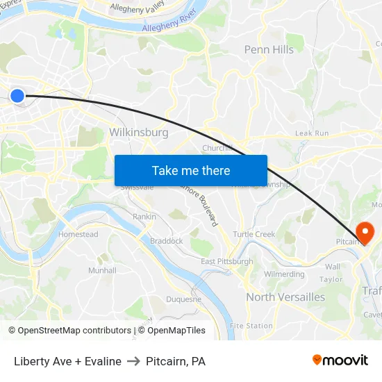 Liberty Ave + Evaline to Pitcairn, PA map