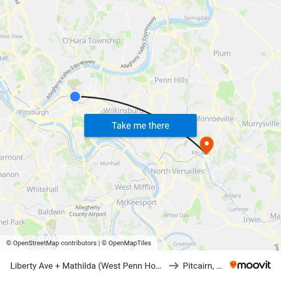 Liberty Ave + Mathilda (West Penn Hosp) to Pitcairn, PA map