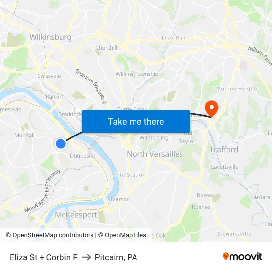Eliza St + Corbin F to Pitcairn, PA map