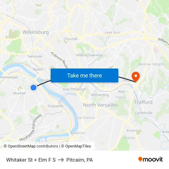 Whitaker St + Elm F S to Pitcairn, PA map
