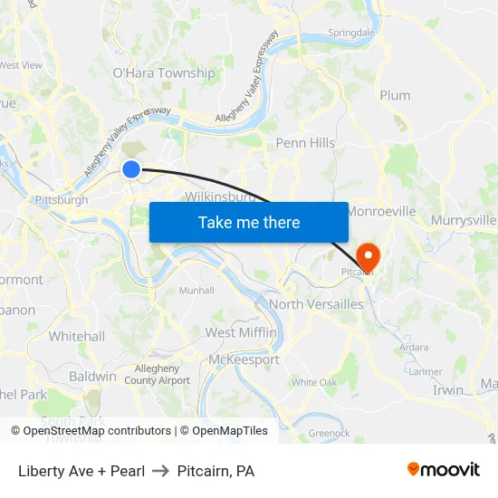 Liberty Ave + Pearl to Pitcairn, PA map