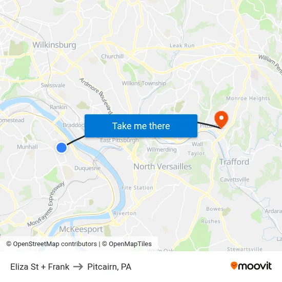 Eliza St + Frank to Pitcairn, PA map
