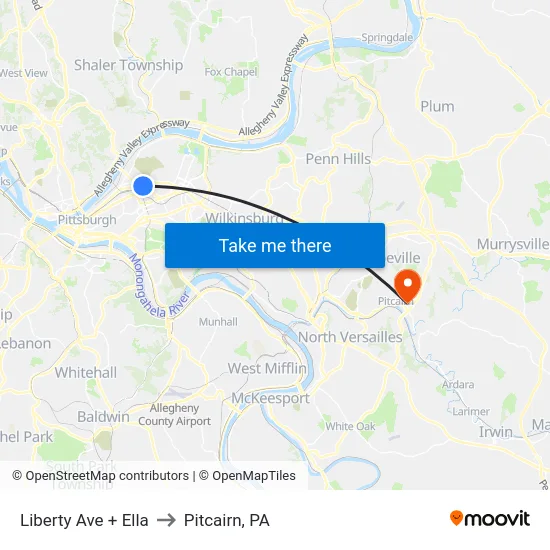 Liberty Ave + Ella to Pitcairn, PA map