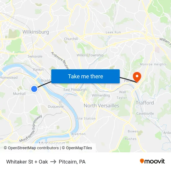 Whitaker St + Oak to Pitcairn, PA map