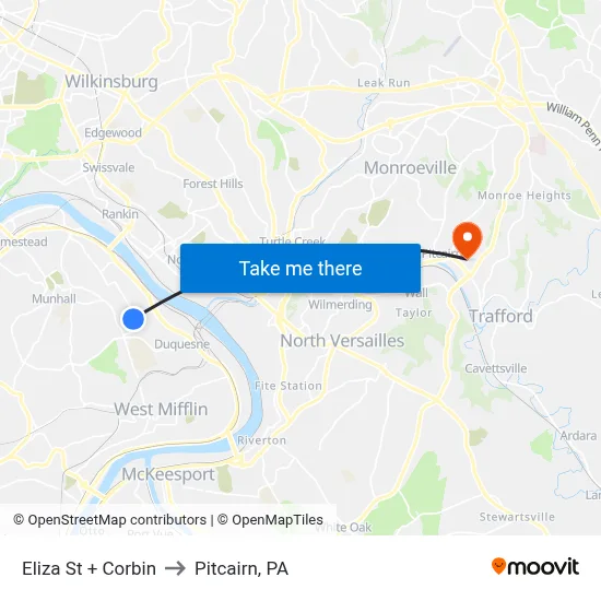 Eliza St + Corbin to Pitcairn, PA map