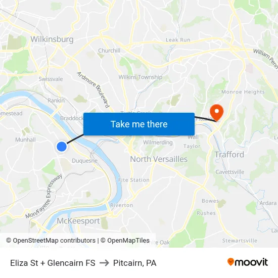 Eliza St + Glencairn FS to Pitcairn, PA map