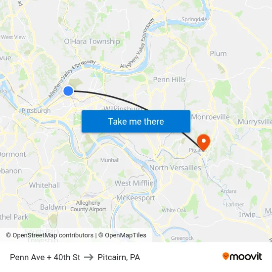 Penn Ave + 40th St to Pitcairn, PA map