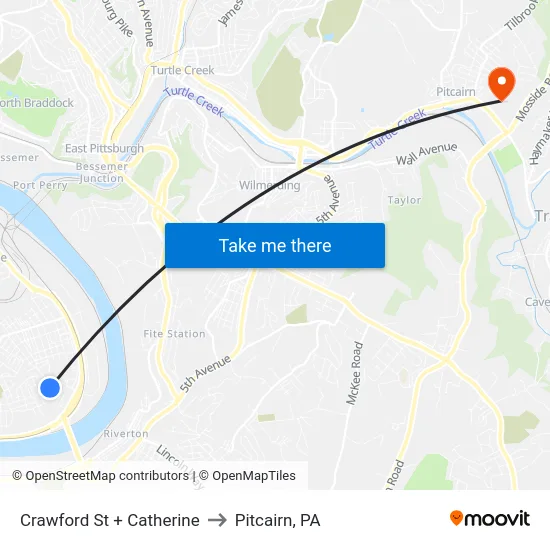 Crawford St + Catherine to Pitcairn, PA map