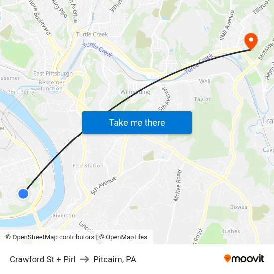 Crawford St + Pirl to Pitcairn, PA map