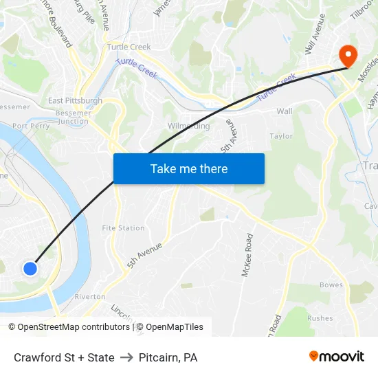 Crawford St + State to Pitcairn, PA map