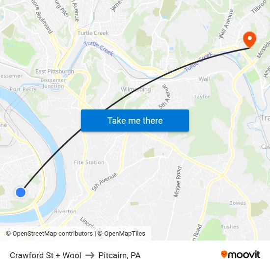 Crawford St + Wool to Pitcairn, PA map