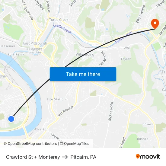 Crawford St + Monterey to Pitcairn, PA map