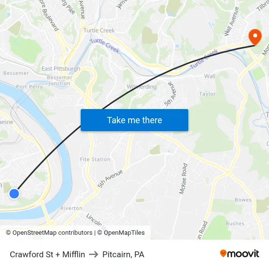 Crawford St + Mifflin to Pitcairn, PA map