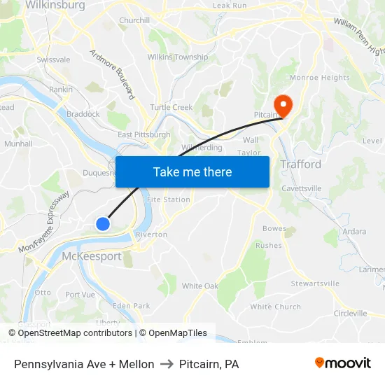 Pennsylvania Ave + Mellon to Pitcairn, PA map