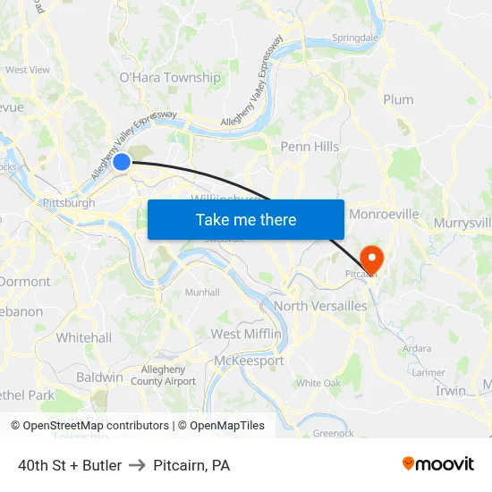 40th St + Butler to Pitcairn, PA map