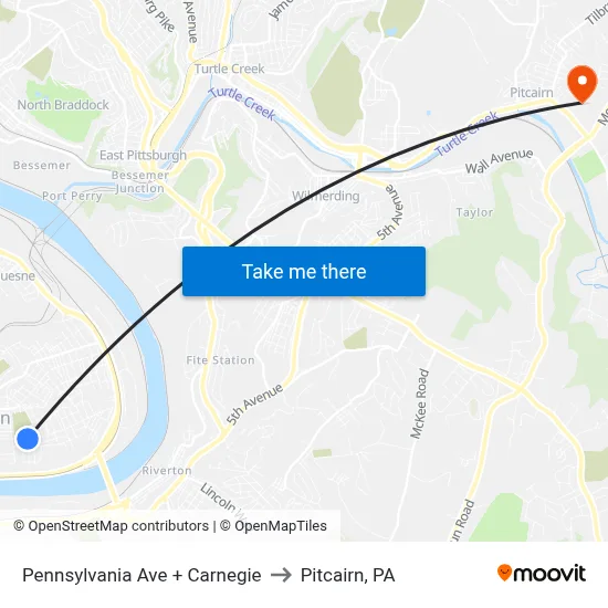 Pennsylvania Ave + Carnegie to Pitcairn, PA map
