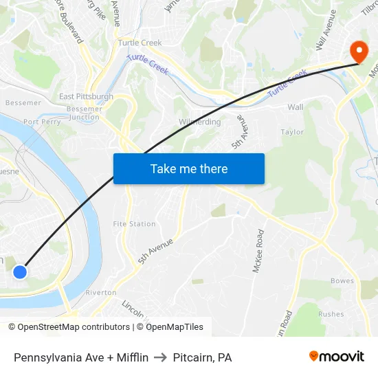 Pennsylvania Ave + Mifflin to Pitcairn, PA map