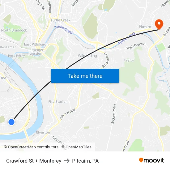 Crawford St + Monterey to Pitcairn, PA map