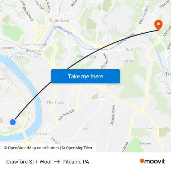Crawford St + Wool to Pitcairn, PA map