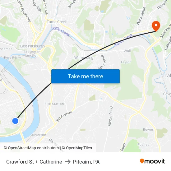 Crawford St + Catherine to Pitcairn, PA map