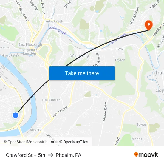 Crawford St + 5th to Pitcairn, PA map