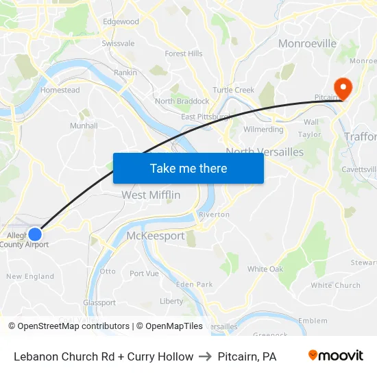Lebanon Church Rd + Curry Hollow to Pitcairn, PA map