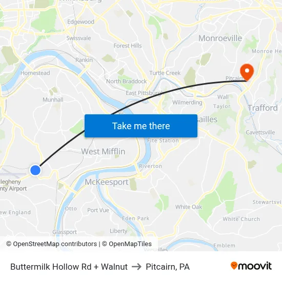 Buttermilk Hollow Rd + Walnut to Pitcairn, PA map