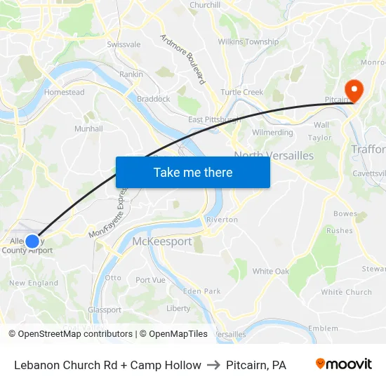 Lebanon Church Rd + Camp Hollow to Pitcairn, PA map