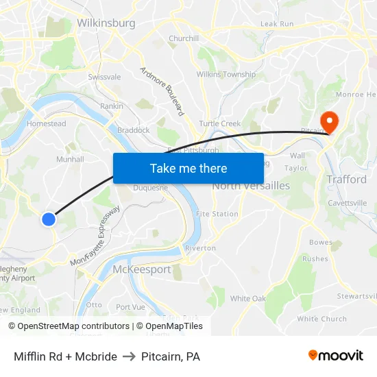 Mifflin Rd + Mcbride to Pitcairn, PA map