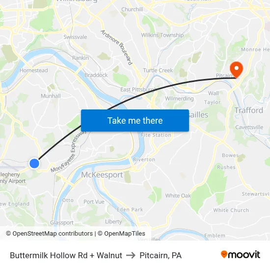 Buttermilk Hollow Rd + Walnut to Pitcairn, PA map