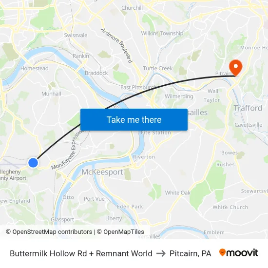 Buttermilk Hollow Rd + Remnant World to Pitcairn, PA map