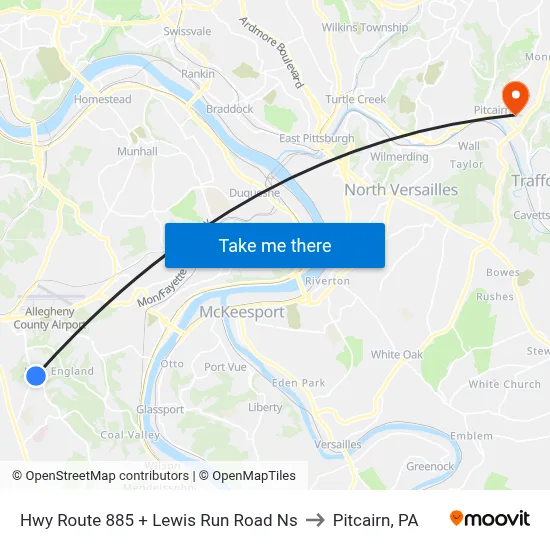 Hwy Route 885 + Lewis Run Road Ns to Pitcairn, PA map