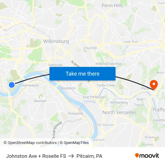 Johnston Ave + Roselle FS to Pitcairn, PA map