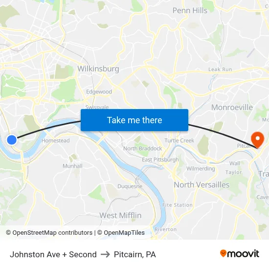 Johnston Ave + Second to Pitcairn, PA map