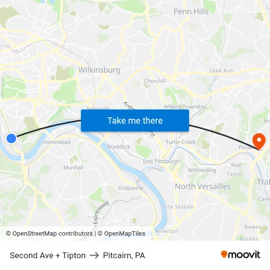Second Ave + Tipton to Pitcairn, PA map