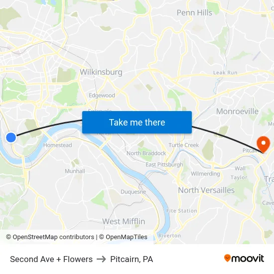 Second Ave + Flowers to Pitcairn, PA map