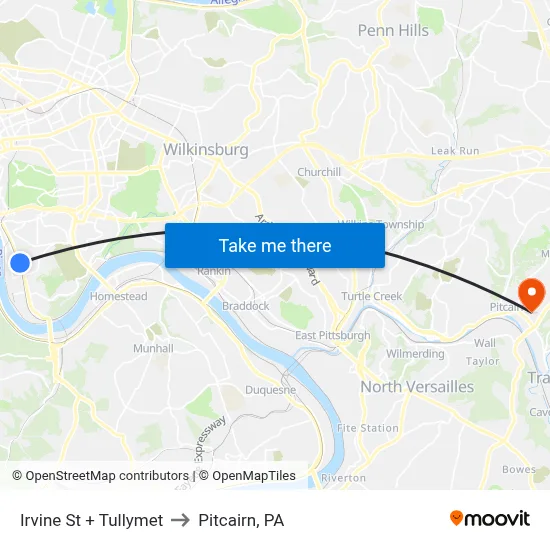 Irvine St + Tullymet to Pitcairn, PA map