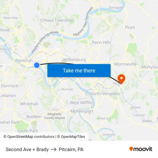 Second Ave + Brady to Pitcairn, PA map