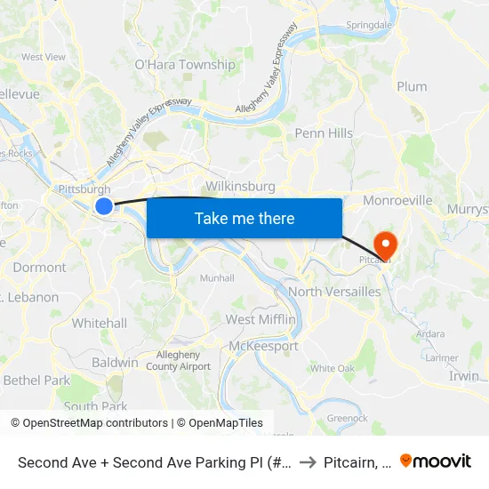 Second Ave + Second Ave Parking Pl (#1250) to Pitcairn, PA map