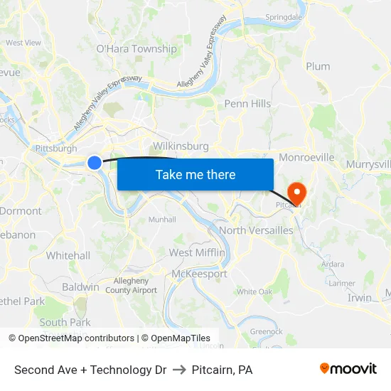 Second Ave + Technology Dr to Pitcairn, PA map