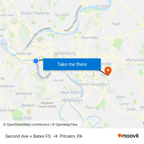 Second Ave + Bates FS to Pitcairn, PA map
