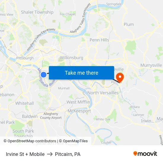 Irvine St + Mobile to Pitcairn, PA map