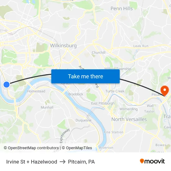 Irvine St + Hazelwood to Pitcairn, PA map
