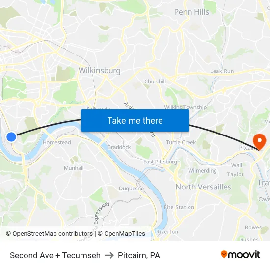 Second Ave + Tecumseh to Pitcairn, PA map