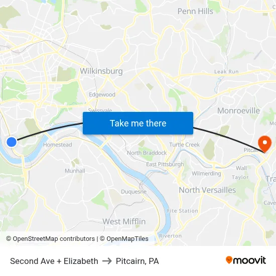 Second Ave + Elizabeth to Pitcairn, PA map