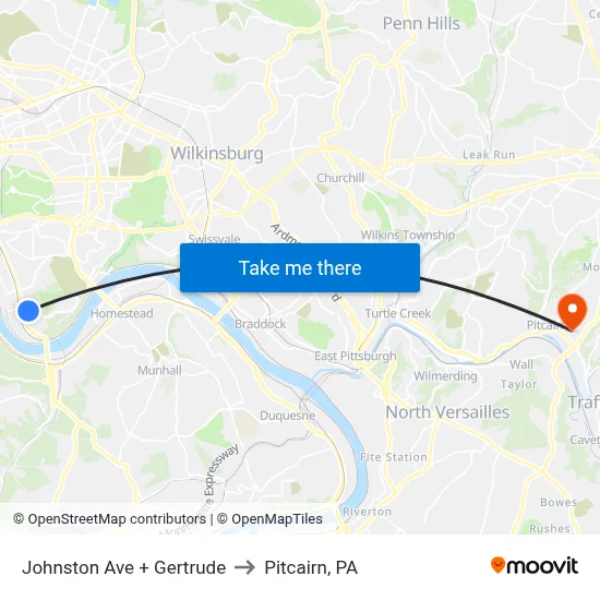 Johnston Ave + Gertrude to Pitcairn, PA map