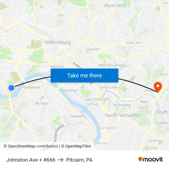 Johnston Ave + #666 to Pitcairn, PA map