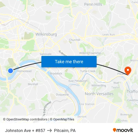 Johnston Ave + #857 to Pitcairn, PA map